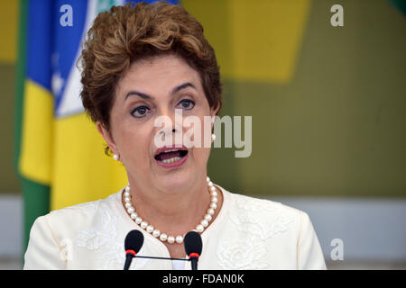 Brasilia, Brazil. 29th Jan, 2016. Brazil President Dilma Rousseff speaks about the Zika virus outbreak during the Council for Economic and Social Development at the Planalto Palace January 28, 2016 in Brasilia, Brazil. Rousseff called on Brazilian to help combat the spread of the Zika virus, which has been linked to birth defects. Credit:  Planetpix/Alamy Live News Stock Photo