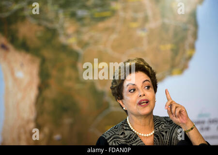 Brasilia, Brazil. 29th Jan, 2016. Brazil President Dilma Rousseff holds a news conference on combating the Zika virus outbreak at the National Center for Risk and Disaster Management January 29, 2016 in Brasilia, Brazil. Rousseff called on Brazilian to help combat the spread of the Zika virus, which has been linked to birth defects. Stock Photo