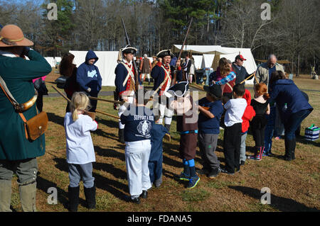 A reenactment of the Battle of Cowpens in the American Revolutionary War at the Cowpens Battleground in Cowpens, South Carolina. Stock Photo