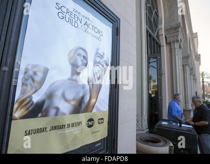Los Angeles, California, USA. 29th Jan, 2016. The 2016 SAG-AFTRA Awards officially rolled out the red carpet at the Shrine Auditorium in Los Angeles on Friday morning in preparation for Saturday's awards show. --- 22nd Annual Screen Actors Guild Awards Poster on display a the front of the Shrine Auditorium as workers prepare for Saturday's event. © David Bro/ZUMA Wire/Alamy Live News Stock Photo