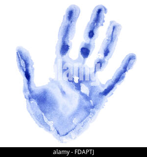 Blue watercolor hand print isolated on white background, raster illustration Stock Photo