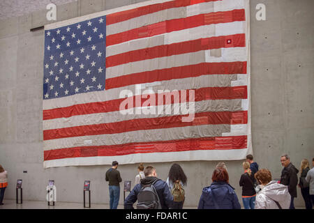 National 9-11 Flag Inside World Trade Center 911 Memorial Museum, New York, NY USA Stock Photo