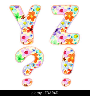 Alphabet with colorful watercolor flower pattern. Letters Y, Z and marks Stock Photo