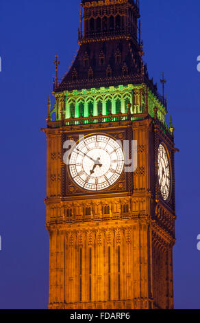 Big Ben clock face Elizabeth Tower at night twilight dusk Houses of Parliament Palace of Westminster London England UK Stock Photo