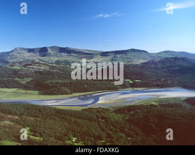 Cadair Idris massif and Penygadair summit with Mawddach river valey and forest in foreground Aerial view Snowdonia NAtional Park Stock Photo