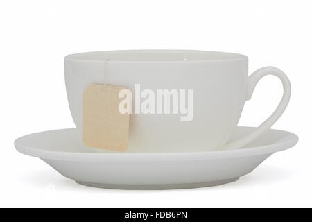 Cup of tea with tea bag (blank label) , isolated on white background, with clipping path Stock Photo