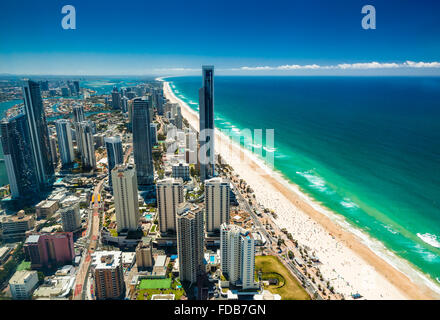 GOLD COAST, AUS - OCT 04 2015: Aerial view of the Gold Coast in Queensland Australia looking from Surfers Paradise north towards