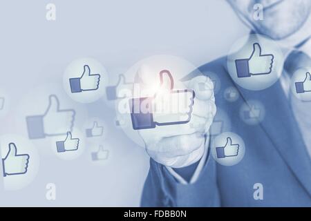 Social Media Marketing Investment Concept Illustration with Businessman and Social Media Like Icons Stock Photo
