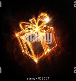 Glowing fire gift box icon on dark background Stock Photo - Alamy