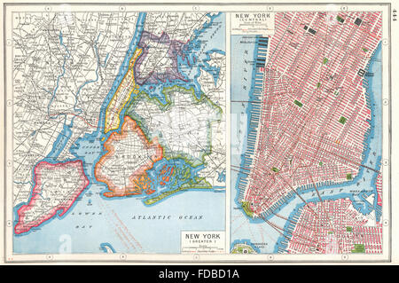 NEW YORK CITY: NYC. Lower Manhattan. Queens Bronx Brooklyn Richmond, 1920 map Stock Photo