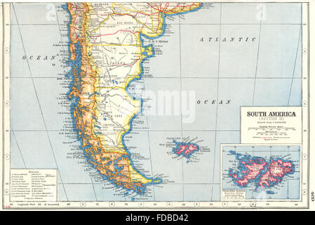 PATAGONIA:South America south. Argentina Chile; Falkland Islands, 1920 old map Stock Photo