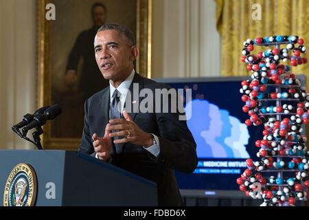 Washington DC, USA. 29th Jan, 2016. U.S President Barack Obama delivers remarks highlighting investments to improve health and treat disease through precision medicine in the East Room of the White House January 30, 2016 in Washington, DC. Stock Photo