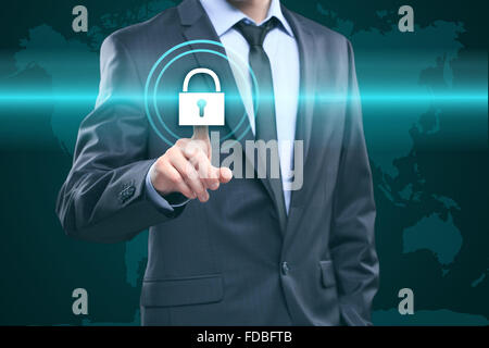 business, technology and internet concept - businessman pressing button on virtual screens. World map Stock Photo
