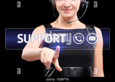business, technology, and networking concept - businessman pressing support button on virtual screens. women Stock Photo