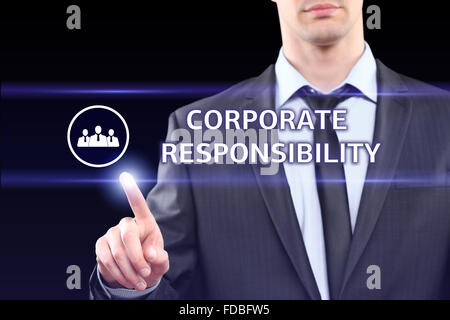 business, technology and networking concept - businessman pressing corporate responsibility button on virtual screens Stock Photo