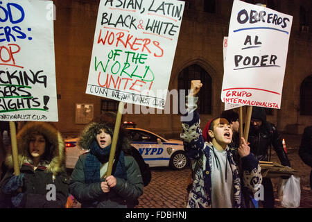 New York, New York, USA. 29th Jan, 2016. A coalition of workers, students, and workers' rights activists protested the firing the union leader at the Brod Kitchen (formerly Hot and Crusty) bakery near New York University the day after a rally supporting the kitchen's low-income workers right to unionize and win other benefits enjoyed by other working people. Credit:  M. Stan Reaves/Alamy Live News Stock Photo