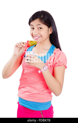 1 Teenager Girl Eating Delicious Ice cream Stock Photo