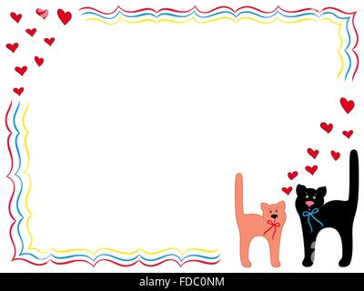 Black Cat and Pink Kitty in Love, hand drawing vector cartoon Valentine greeting card Stock Vector