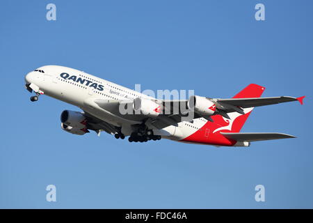 Qantas Airbus A380-800 VH-OQE departing from London Heathrow Airport, UK Stock Photo