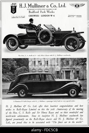 Original vintage advert from 1950s. Advertisement from 1954 advertising Mulliner coachbuilders celebrating 50th anniversary of Rolls Royce. Stock Photo