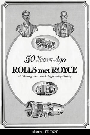 Original vintage advert from 1950s. Advertisement from 1954 advertising celebrating 50th anniversary of Rolls Royce. Stock Photo
