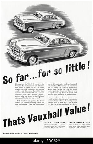 Original vintage advert from 1950s. Advertisement from 1954 advertising new Vauxhall cars Stock Photo