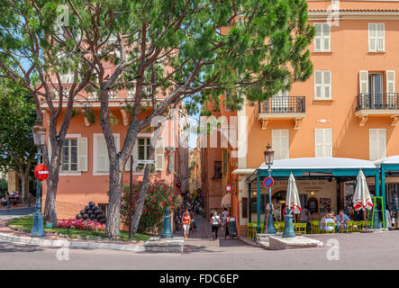 Small restaurant and traditional colorful houses in Monaco-Ville. Stock Photo