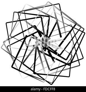 Abstract spirograph like shape with rotating squares, monochrome twirling design element Stock Vector