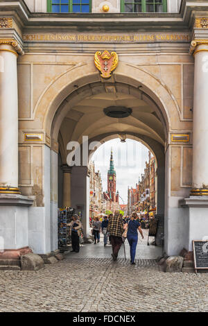 View from the Golden Gate (Zlota Brama) through the Long Lane to the Main City Town Hall, Gdansk, Pomerania, Poland, Europe Stock Photo