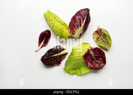 Fresh mixed salad leaves with radicchio on a white background. Stock Photo