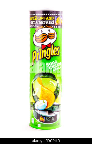 Pringles crisps tube carton sour cream and chives cut out cutout white background isolated Stock Photo
