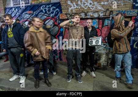 London, UK.  30 January 2015.  Revellers gather in East London's Shoreditch for the 'Freedom to Party' protest.  Their aim is to fight for the right to hold “free party” warehouse raves across London. Credit:  Stephen Chung / Alamy Live News Stock Photo