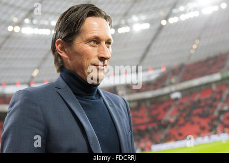 Leverkusen, Germany. 30th Jan, 2016. Leverkusen coach Roger Schmidt pictured before the German Bundesliga football match between Bayer Leverkusen and Hanover 96, at the BayArena in Leverkusen, Germany, 30 January 2016. PHOTO: MAJA HITIJ/DPA (EMBARGO CONDITIONS - ATTENTION: Due to the accreditation guidelines, the DFL only permits the publication and utilisation of up to 15 pictures per match on the internet and in online media during the match.) Credit:  dpa/Alamy Live News Stock Photo