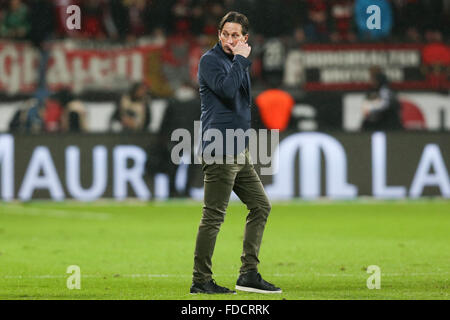 Leverkusen, Germany. 30th Jan, 2016. Leverkusen's coach Roger Schmidt pictured after the German Bundesliga football match between Bayer Leverkusen and Hanover 96, at the BayArena in Leverkusen, Germany, 30 January 2016. PHOTO: MAJA HITIJ/DPA (EMBARGO CONDITIONS - ATTENTION: Due to the accreditation guidelines, the DFL only permits the publication and utilisation of up to 15 pictures per match on the internet and in online media during the match.) Credit:  dpa/Alamy Live News Stock Photo