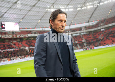 Leverkusen, Germany. 30th Jan, 2016. Leverkusen coach Roger Schmidt pictured before the German Bundesliga football match between Bayer Leverkusen and Hanover 96, at the BayArena in Leverkusen, Germany, 30 January 2016. PHOTO: MAJA HITIJ/DPA (EMBARGO CONDITIONS - ATTENTION: Due to the accreditation guidelines, the DFL only permits the publication and utilisation of up to 15 pictures per match on the internet and in online media during the match.) Credit:  dpa/Alamy Live News Stock Photo