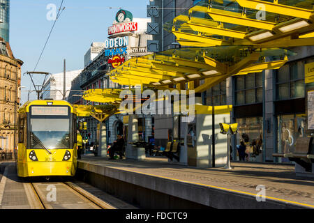 Exchange Square Metrolink tram stop, Corporation Street, Exchange Square, Manchester, England, UK Stock Photo