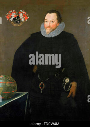Francis Drake.Portrait of Sir Francis Drake, wearing the Drake Pendant, by Marcus Gheeraerts der Jüngere, 1591 Stock Photo
