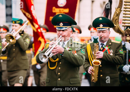 Gomel, Belarus - May 9, 2015: Orchestra of the Border Troops participating in the parade dedicated to the Victory Day - the 70th Stock Photo