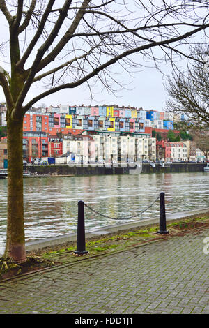 Looking across Bristol floating harbour at colourful houses in Hotwells and Clifton Wood Stock Photo