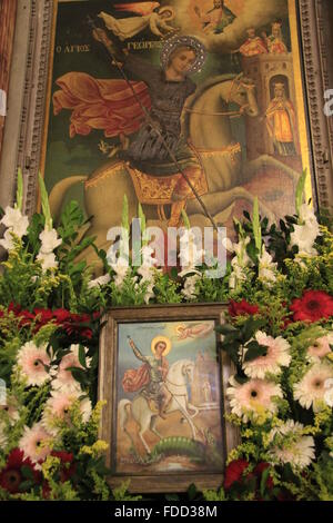 Israel, Lod, a painting depicting St. George killing the dragon at the Greek Orthodox Church of St. George Stock Photo