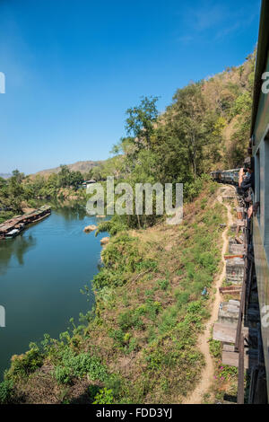 Siam Burma Death Railway Trestle bridge and the River Kwai Yai Stock Photo