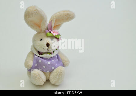 close up of a beige Easter bunny, female with purple dress,  sitting on white background, horizontal Stock Photo
