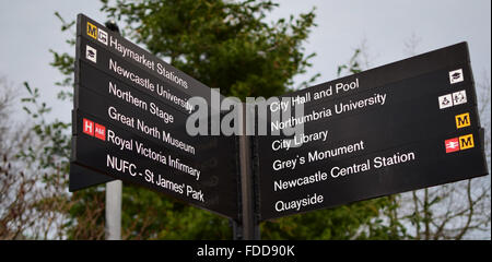 Signpost in Newcastle upon Tyne directing to some popular locations Stock Photo