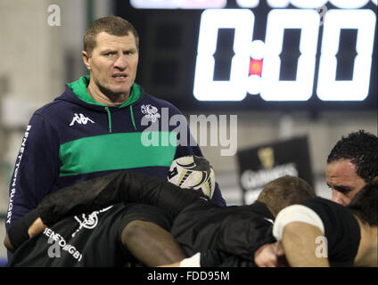 Treviso, Italy. 30th January, 2016. Benetton Treviso's Head Coach Marius Goosen looks before Rugby Guinness Pro12 match  between Benetton Treviso and Ulster on 30th January, 2016. Credit:  Andrea Spinelli/Alamy Live News Stock Photo