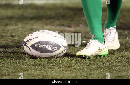 Treviso, Italy. 30th January, 2016. Official ball of Pro12 Rugby during Rugby Guinness Pro12 match  between Benetton Treviso and Ulster on 30th January, 2016. Credit:  Andrea Spinelli/Alamy Live News Stock Photo