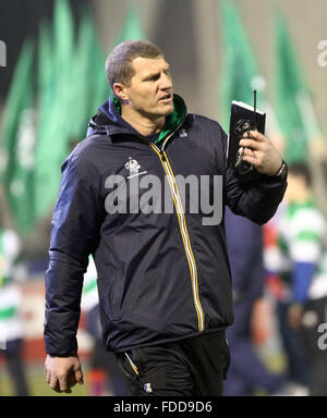 Treviso, Italy. 30th January, 2016. Benetton Treviso's Head Coach Marius Goosen looks before Rugby Guinness Pro12 match  between Benetton Treviso and Ulster on 30th January, 2016. Credit:  Andrea Spinelli/Alamy Live News Stock Photo