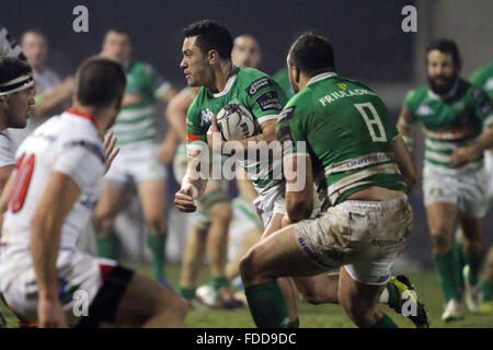 Treviso, Italy. 30th January, 2016. Treviso's player Sam Christie runs with the ball during Rugby Guinness Pro12 match  between Benetton Treviso and Ulster on 30th January, 2016. Credit:  Andrea Spinelli/Alamy Live News Stock Photo