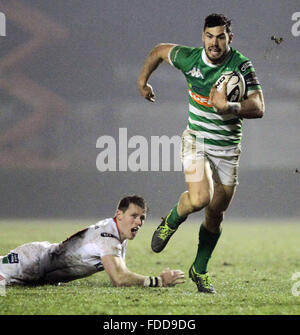 Treviso, Italy. 30th January, 2016. Treviso's player Jayden Hayward runs with the ball during Rugby Guinness Pro12 match  between Benetton Treviso and Ulster on 30th January, 2016. Credit:  Andrea Spinelli/Alamy Live News Stock Photo