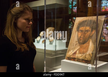 London, UK. 29 January 2016. Painted mummy portrait of a bearded man. Roman Period, from Hawara. Beyond Beauty: Transforming the Body in Ancient Egypt, Two Temple Place's 2016 Winter Exhibition opens on 30th January and runs until 24 April 2016. The exhibition focuses on the ancient Egyptian belief in the physical and magical transformation of the body in the afterlife, the life of ordinary people. Stock Photo