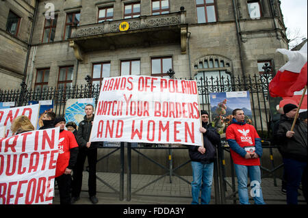 Wroclaw, Poland. 30th January, 2016. People protest against European Union and German policy on Poland outside of German Consulate in Wroclaw. Credit:  Marcin Rozpedowski/Alamy Live News Stock Photo